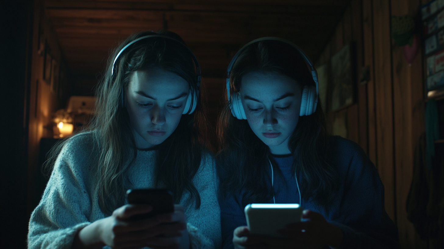 Two friends listening to scary podcast in shadowed room