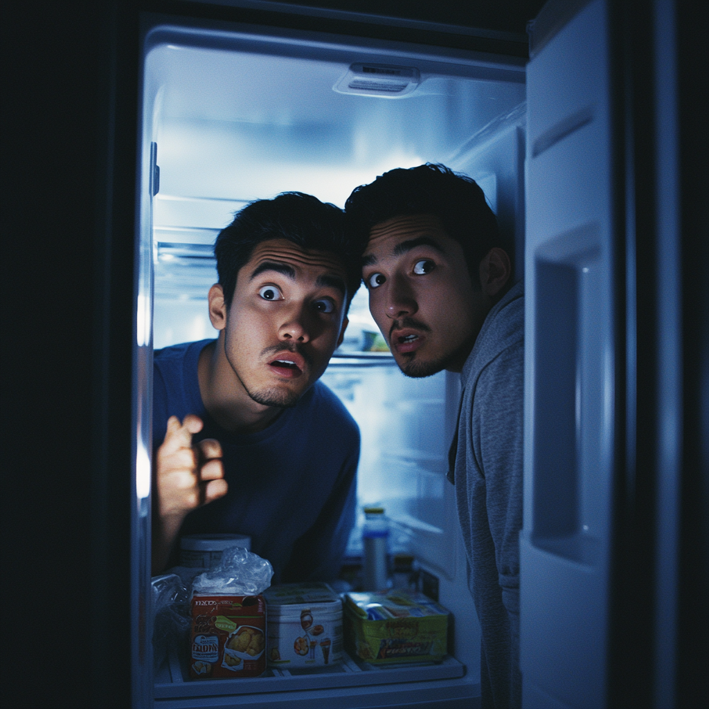 Two friends opening fridge suspiciously, eyeing each other.