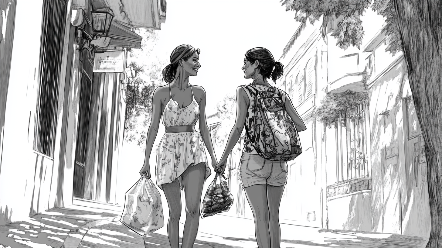 Two friends walking on sidewalk with food bags