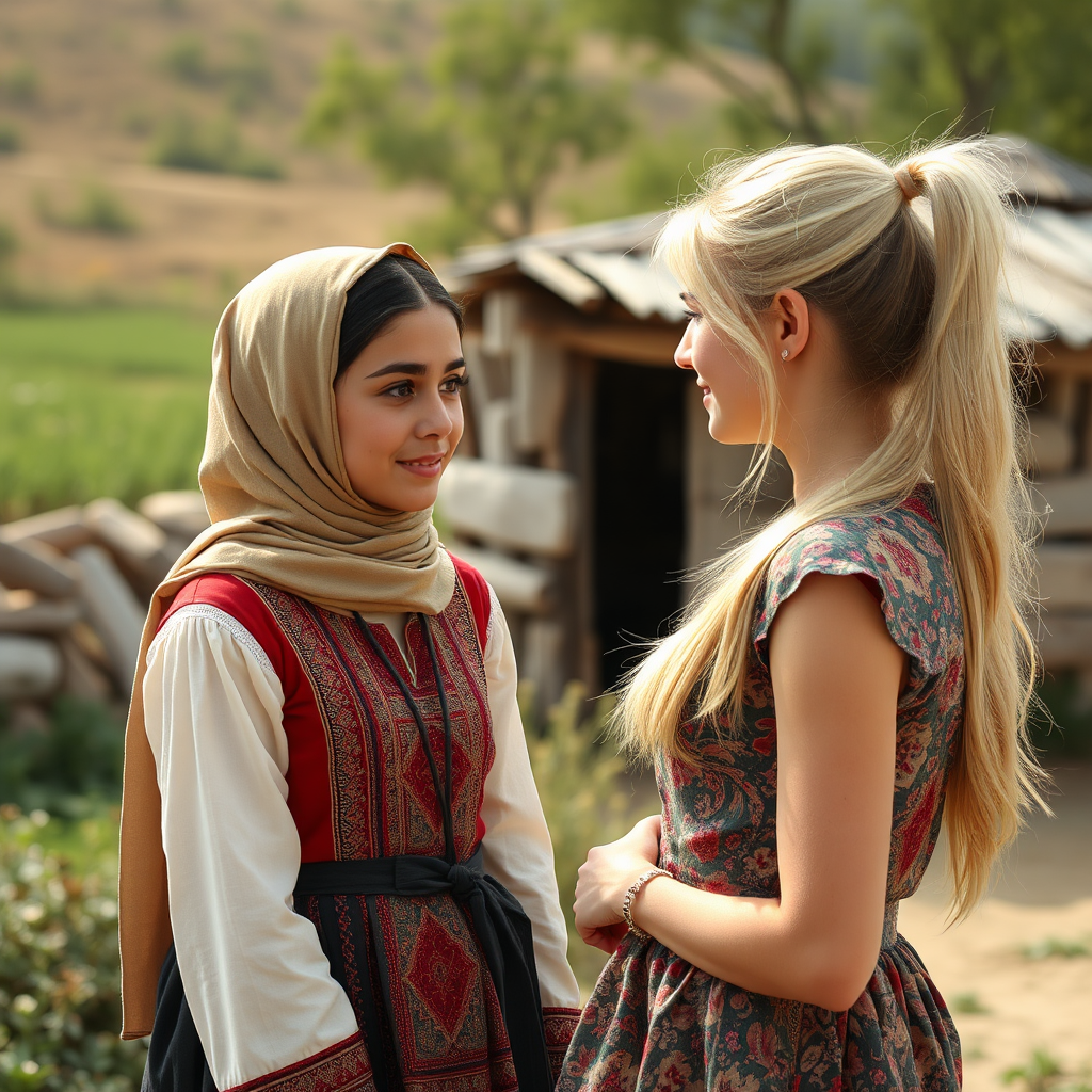 Two girls from different countries meet happily.