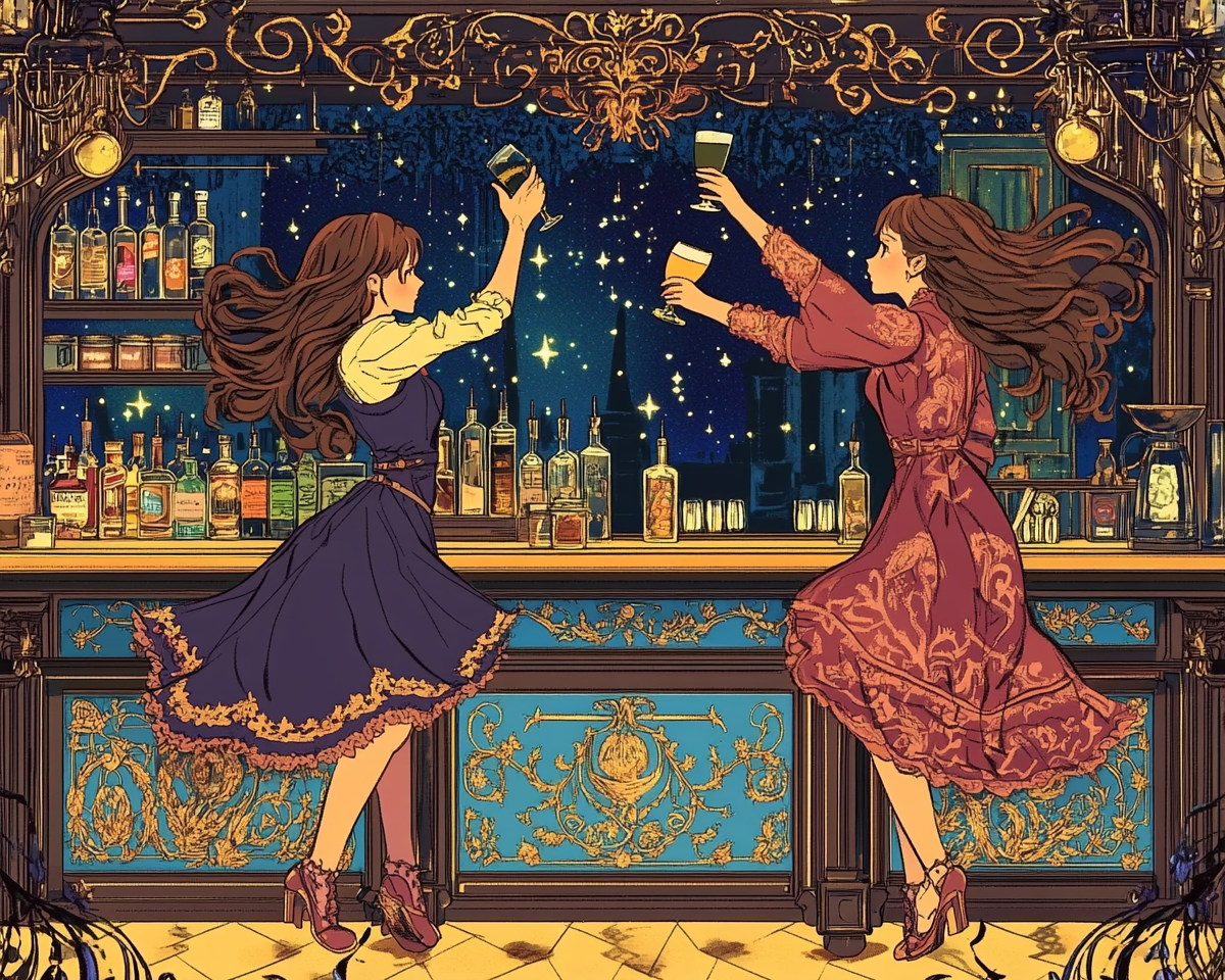 Two girls in a medieval-style bar painting.