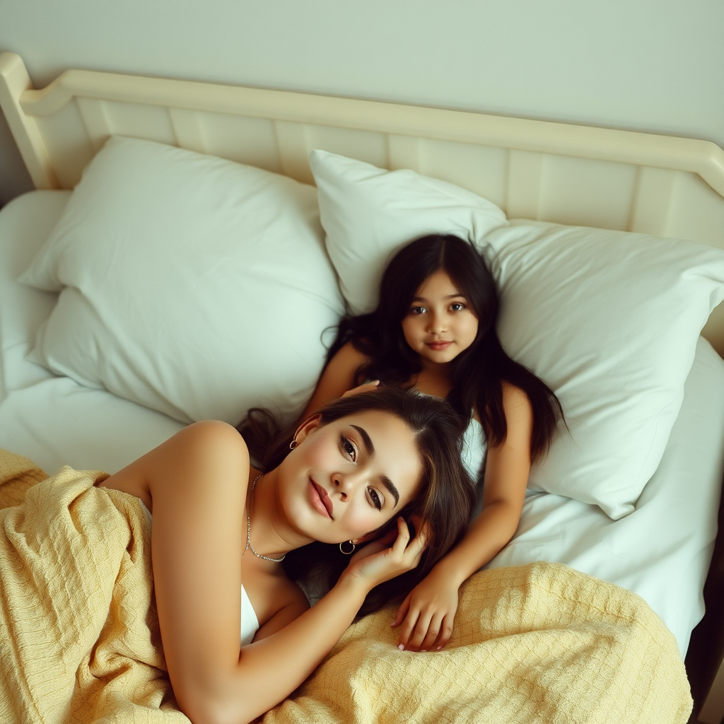 Two girls in bed with one sitting.