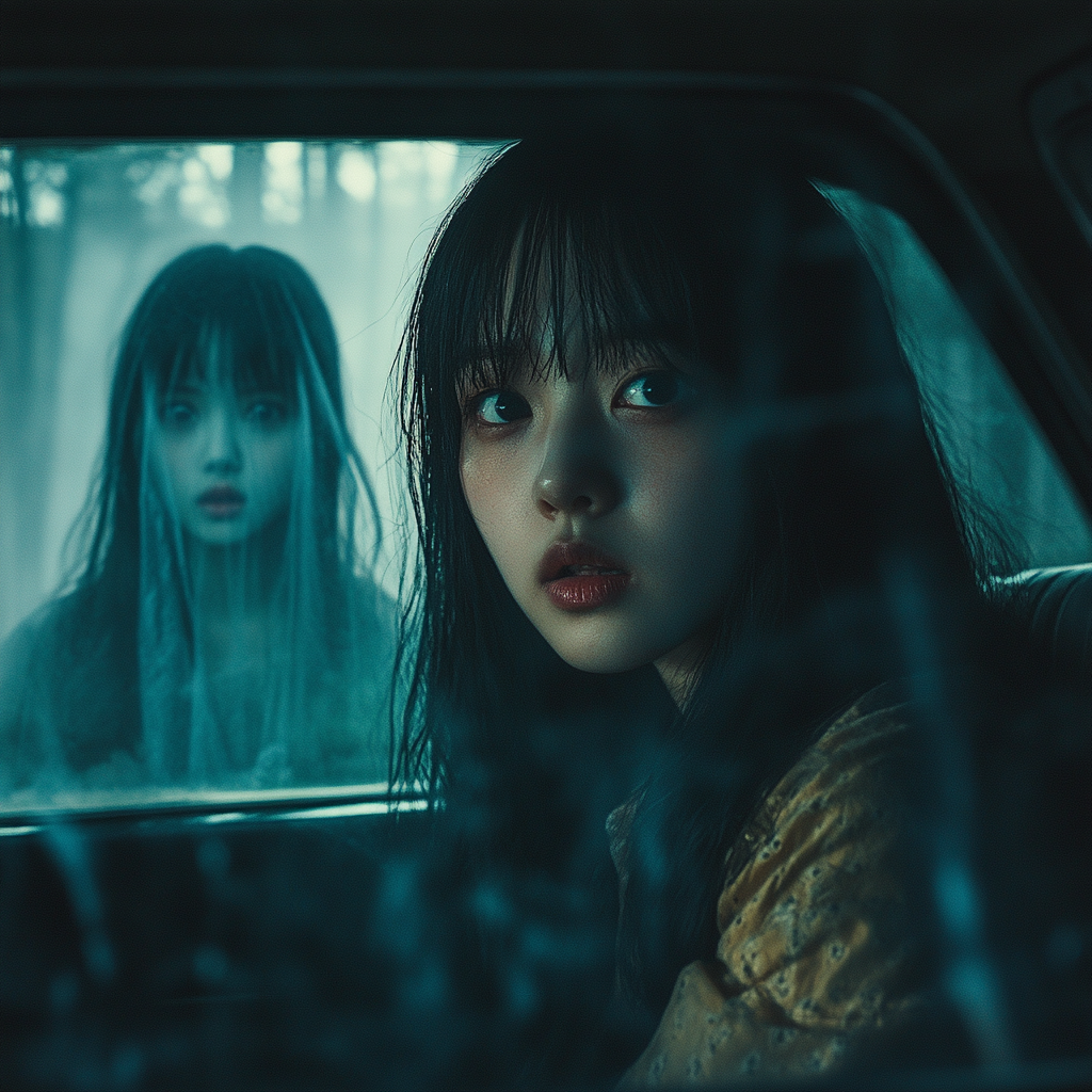 Two girls in car with ghostly figure, spooky forest.