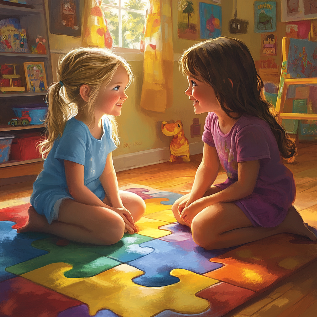 Two girls in colorful room symbolizing autism awareness.