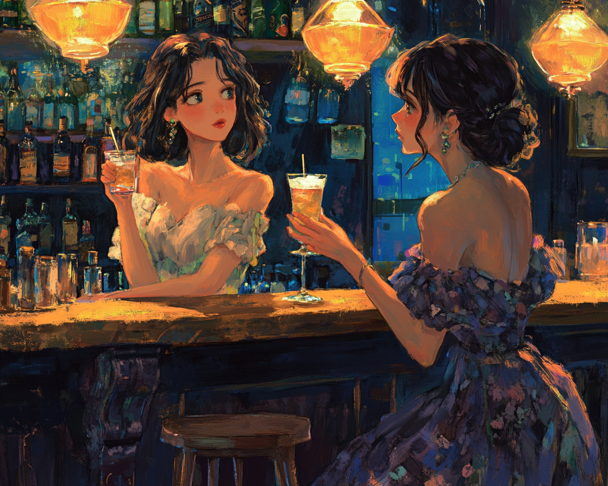 Two girls in evening outfits at bar.