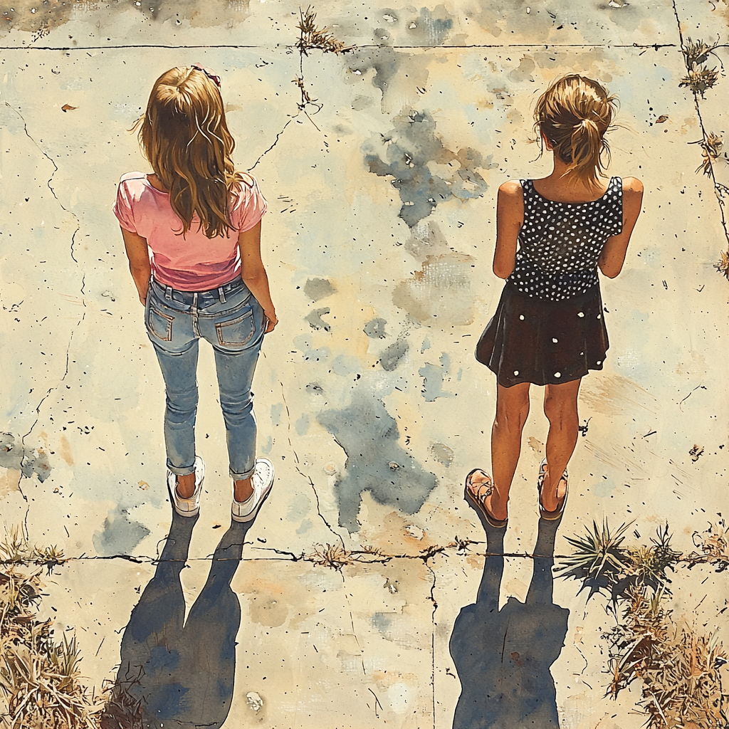 Two girls in pink and polka dots outside.