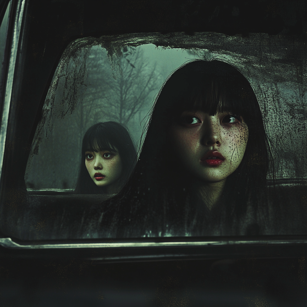 Two girls in spooky forest inside an old car