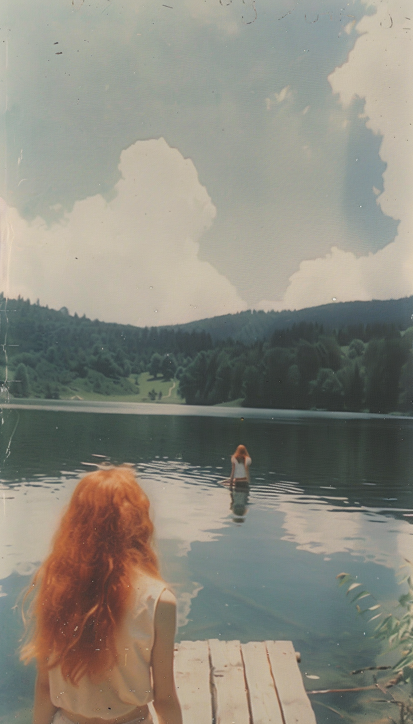 Two girls on dock in calm lake scenery.