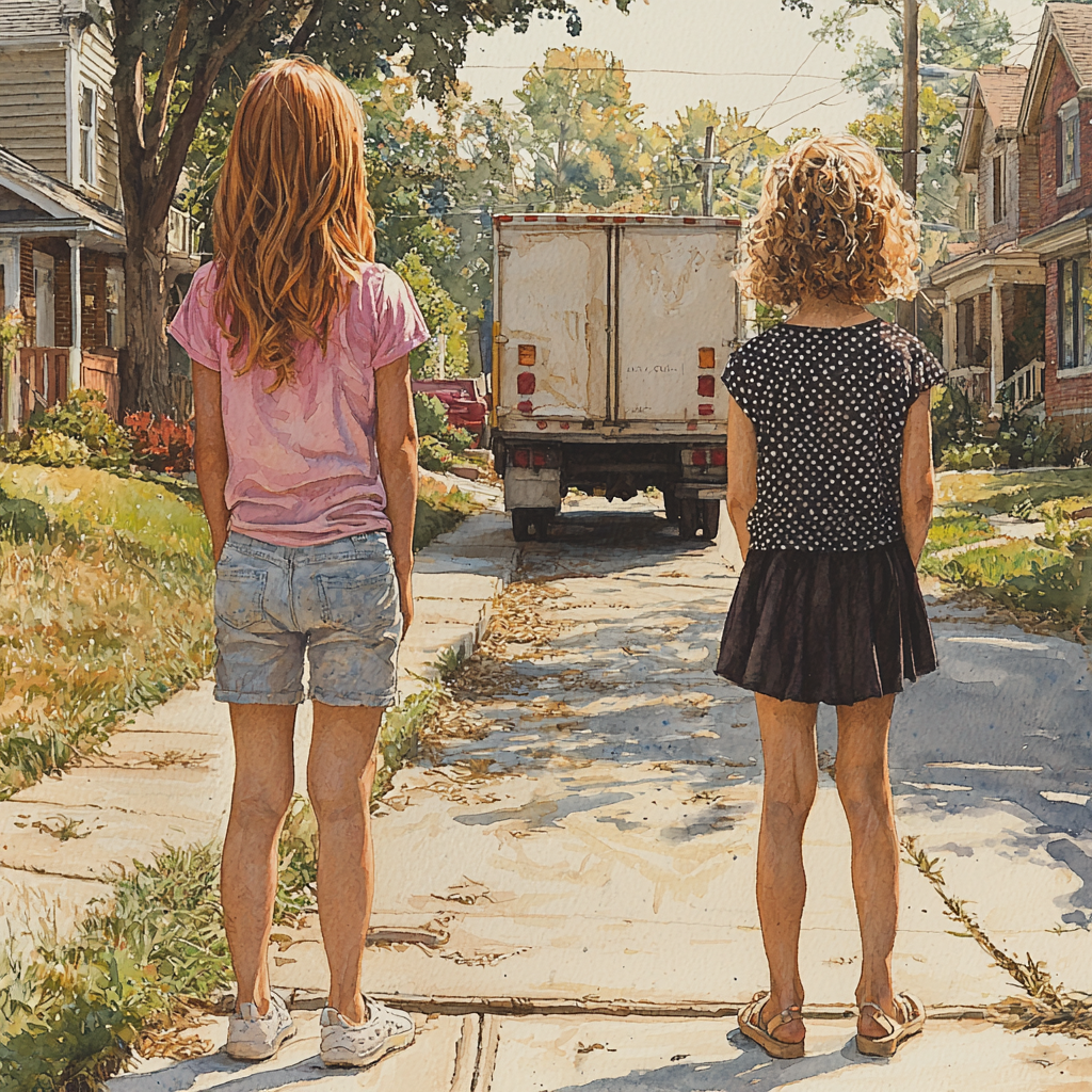 Two girls outside as truck drives away.