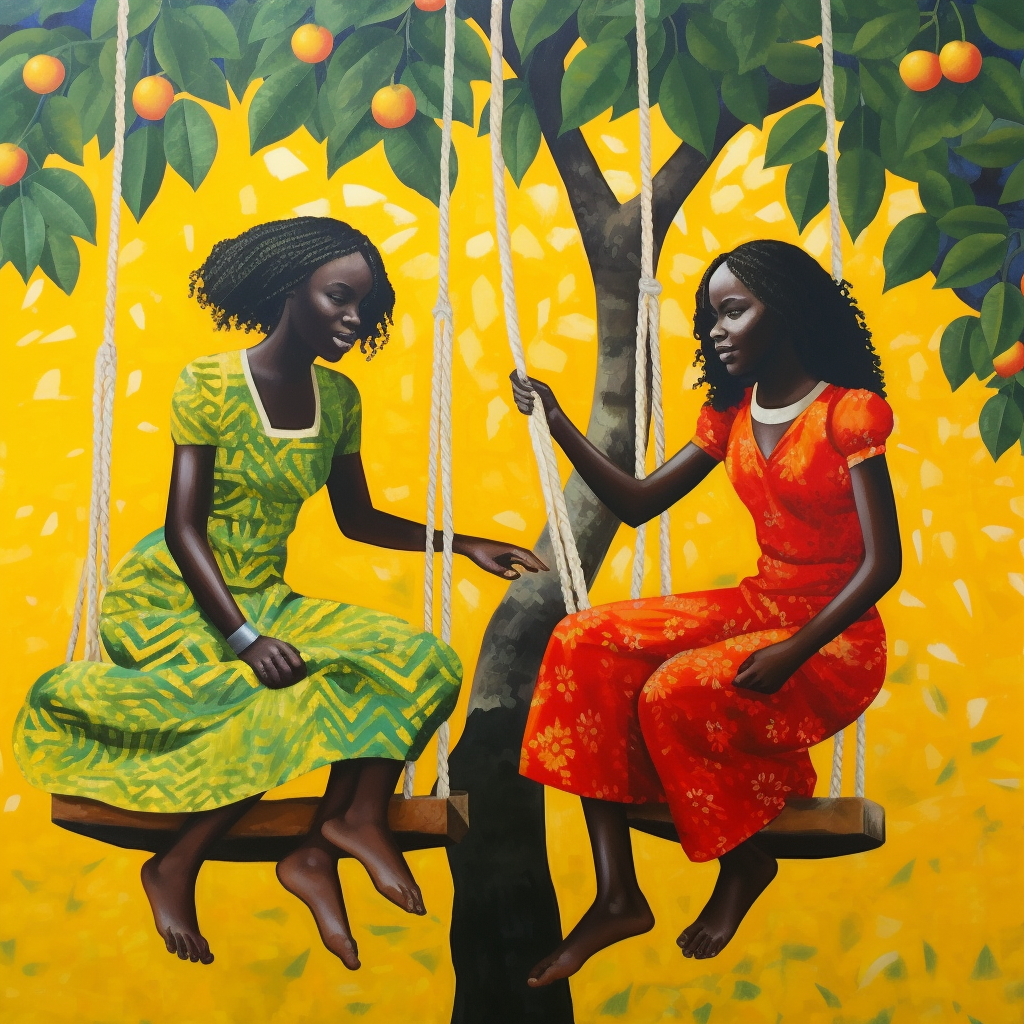 Two girls swing from mango tree painting