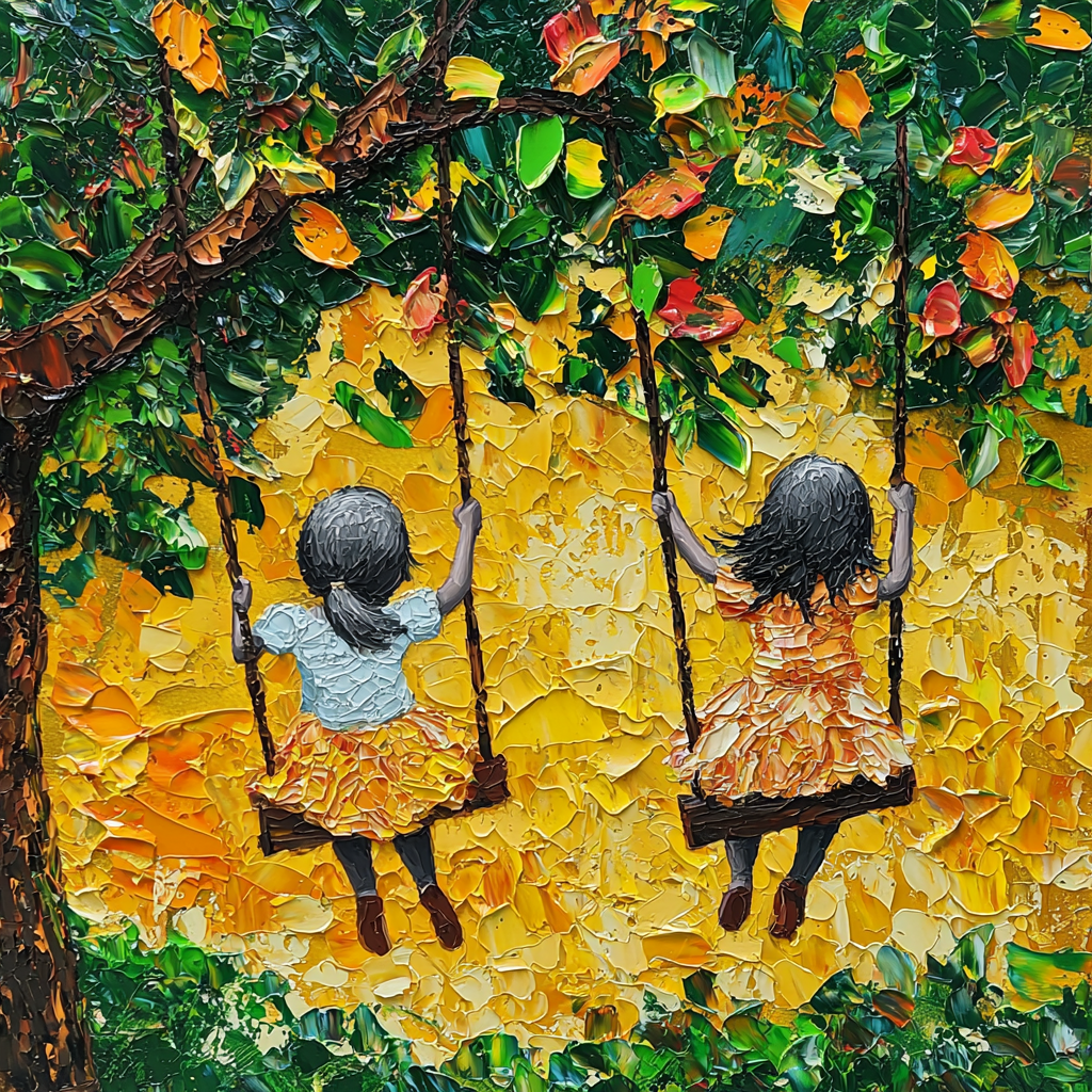 Two girls swinging happily under mango tree