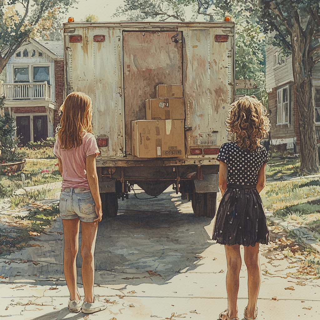 Two girls watch men load truck in neighborhood.