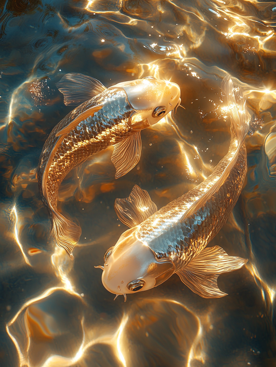 Two golden fish on sparkling water, sunlight reflections.