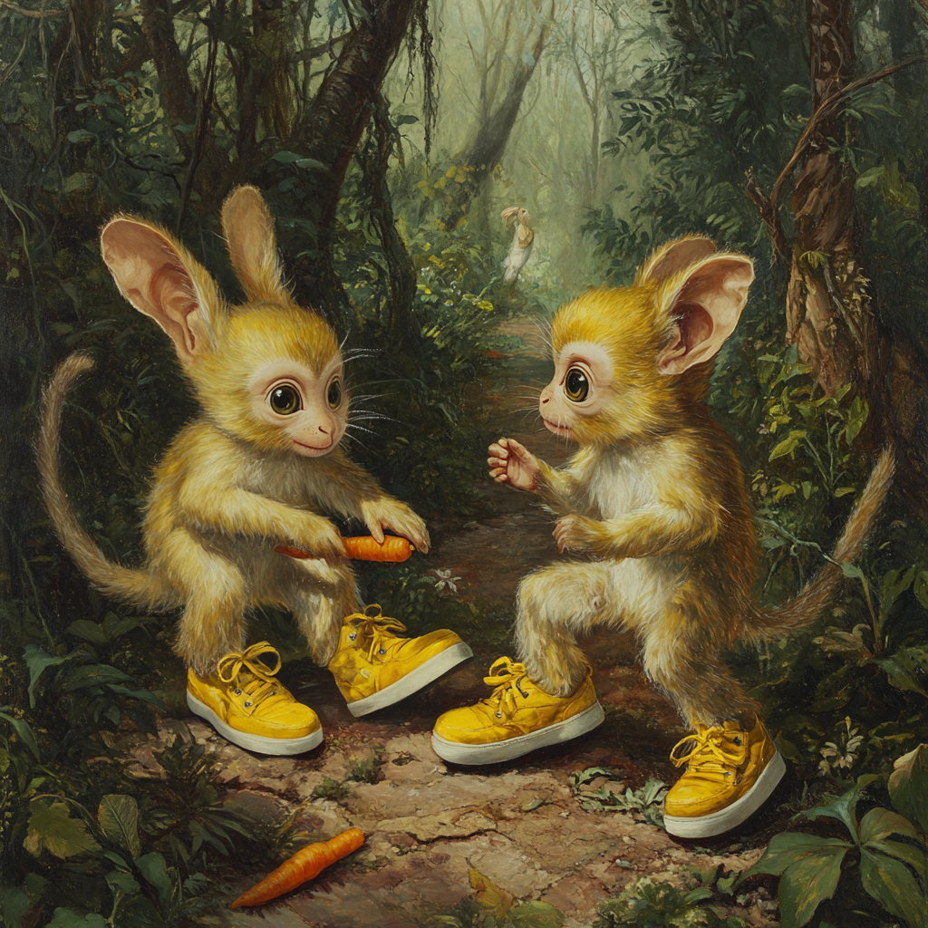 Two golden monkeys trick Bunny with yellow shoes.