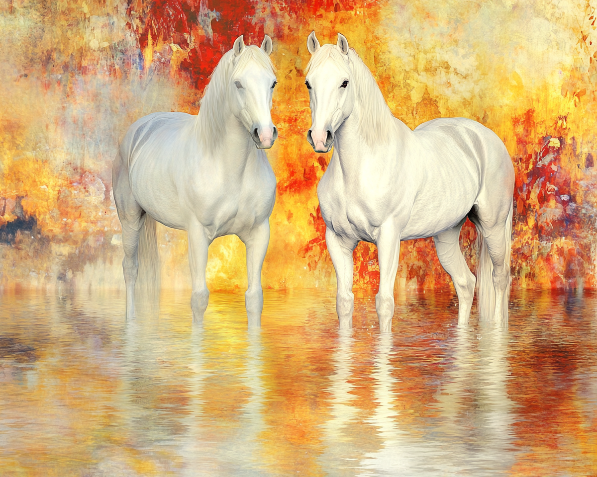 Two graceful white horses dancing in watercolor art