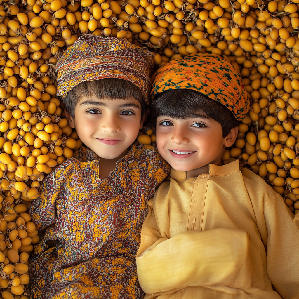 Two happy Omani children in yellow date grove