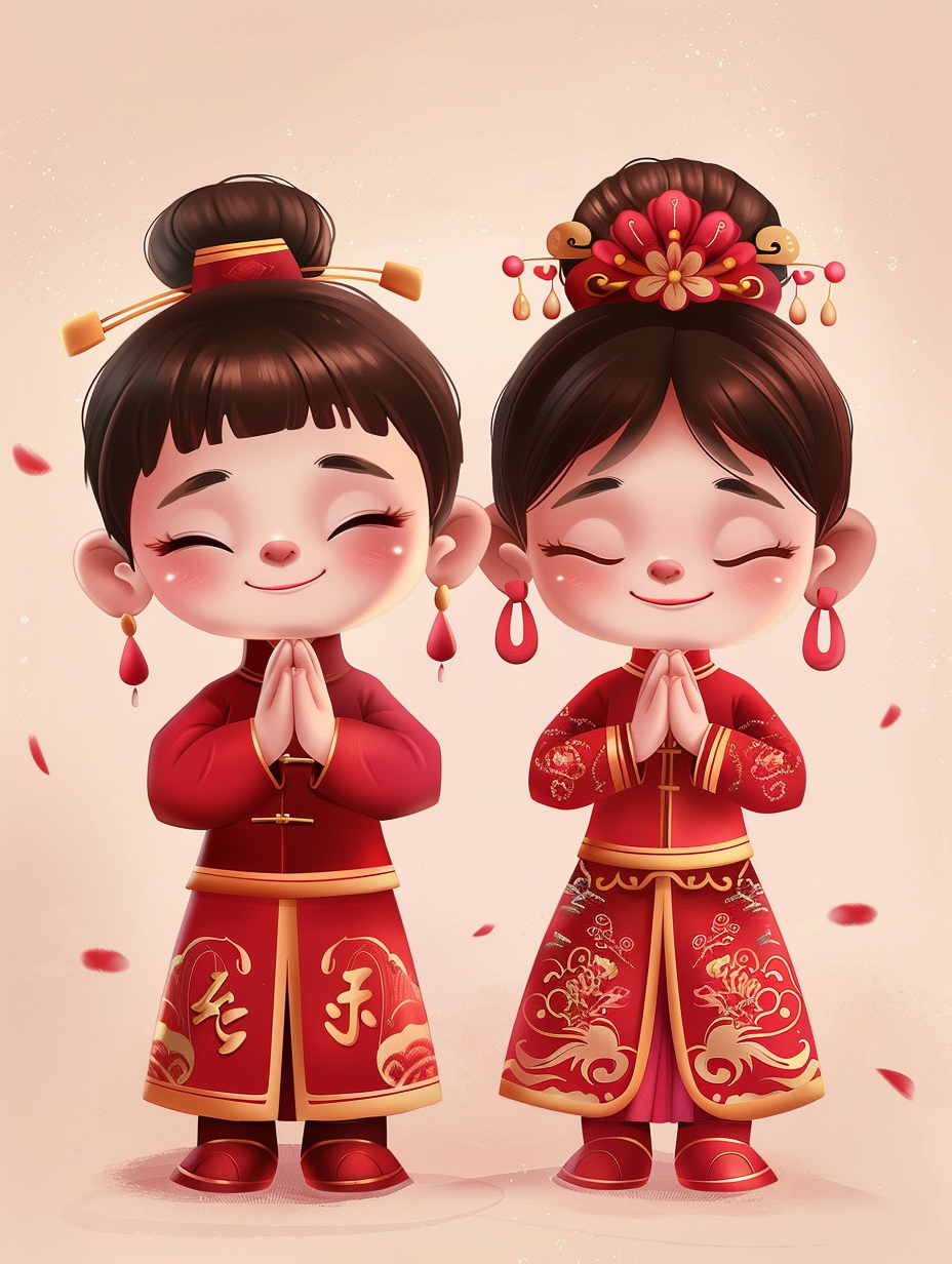 Two happy children in Chinese clothes, smiling warmly.