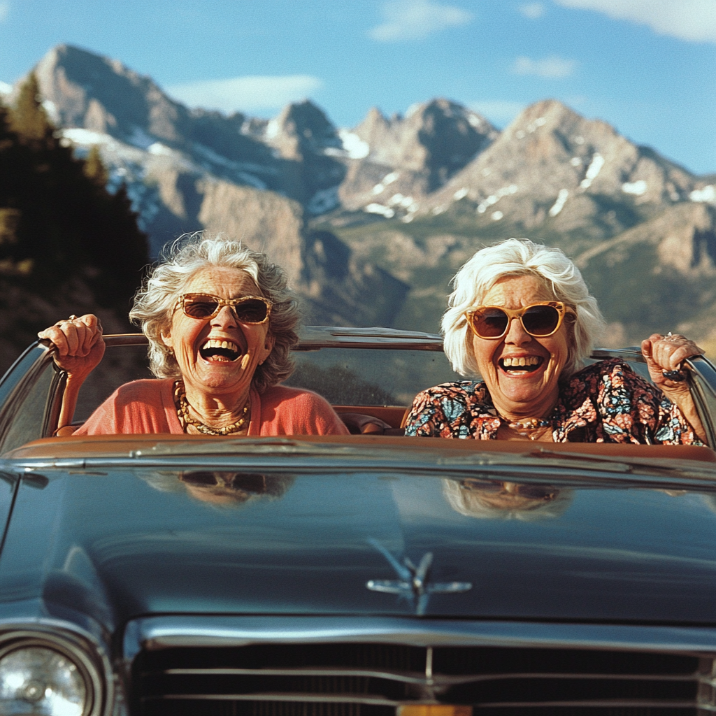 Two happy elderly women, flying convertible with wings laughing.