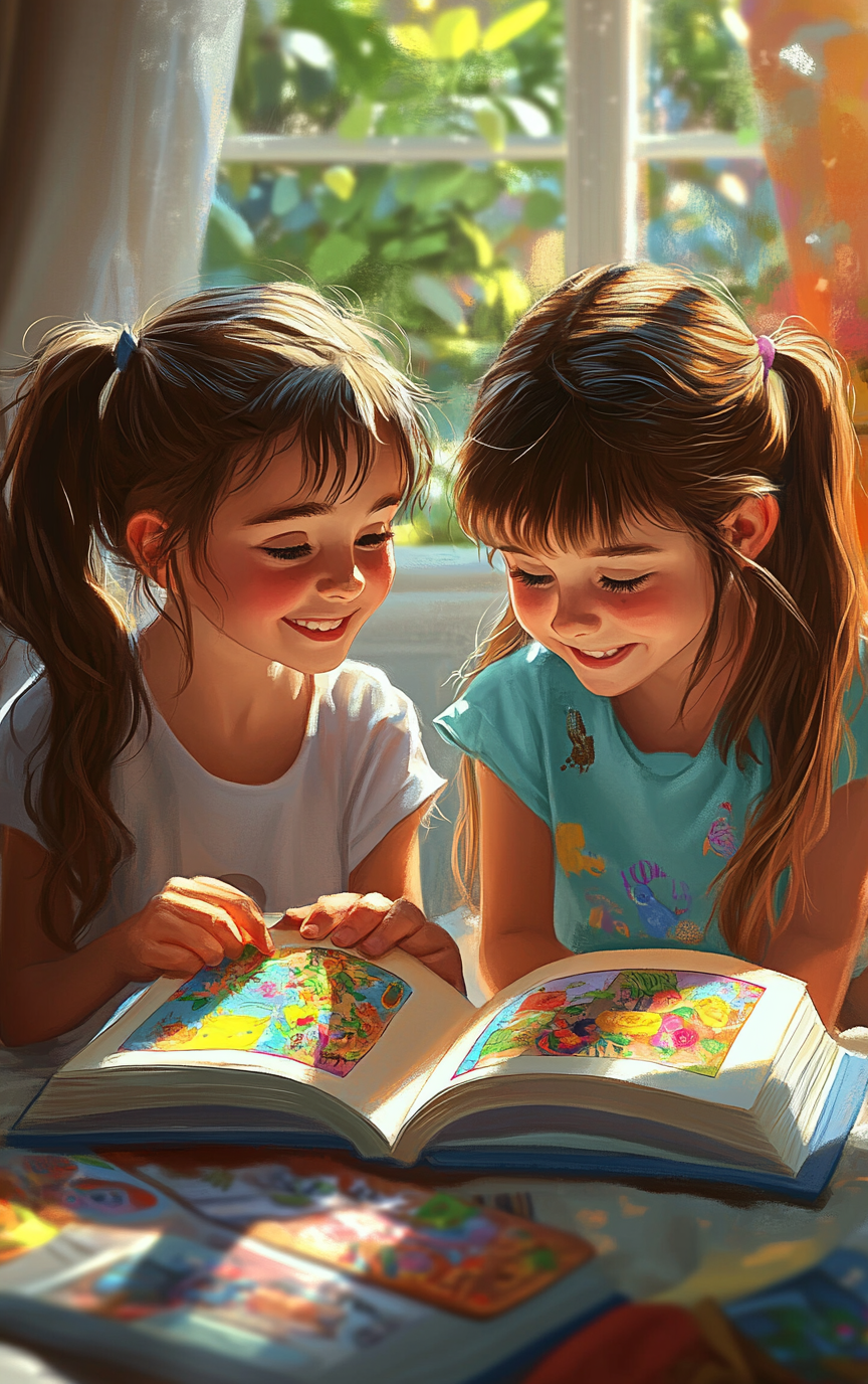 Two happy girls reading colorful book outdoors happily