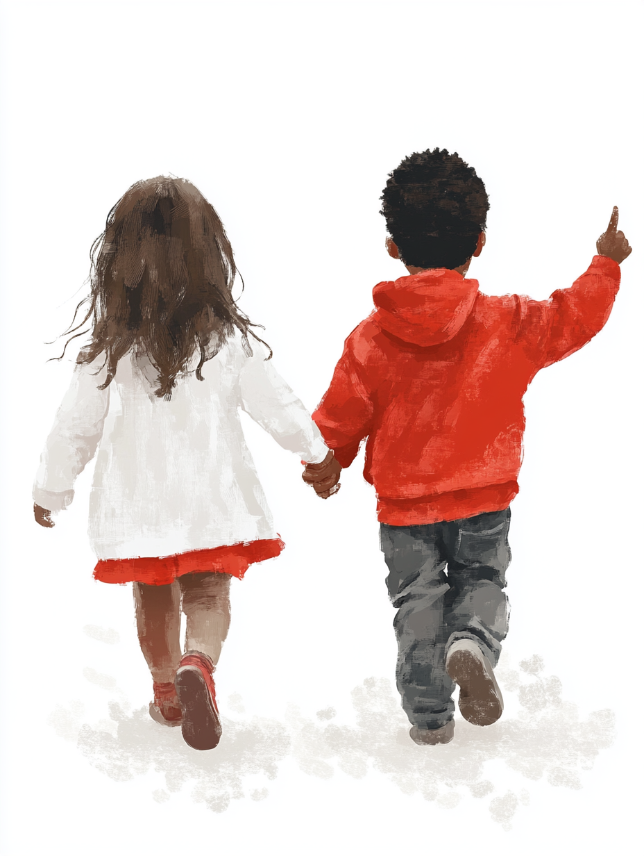 Two happy kids in red and white walk