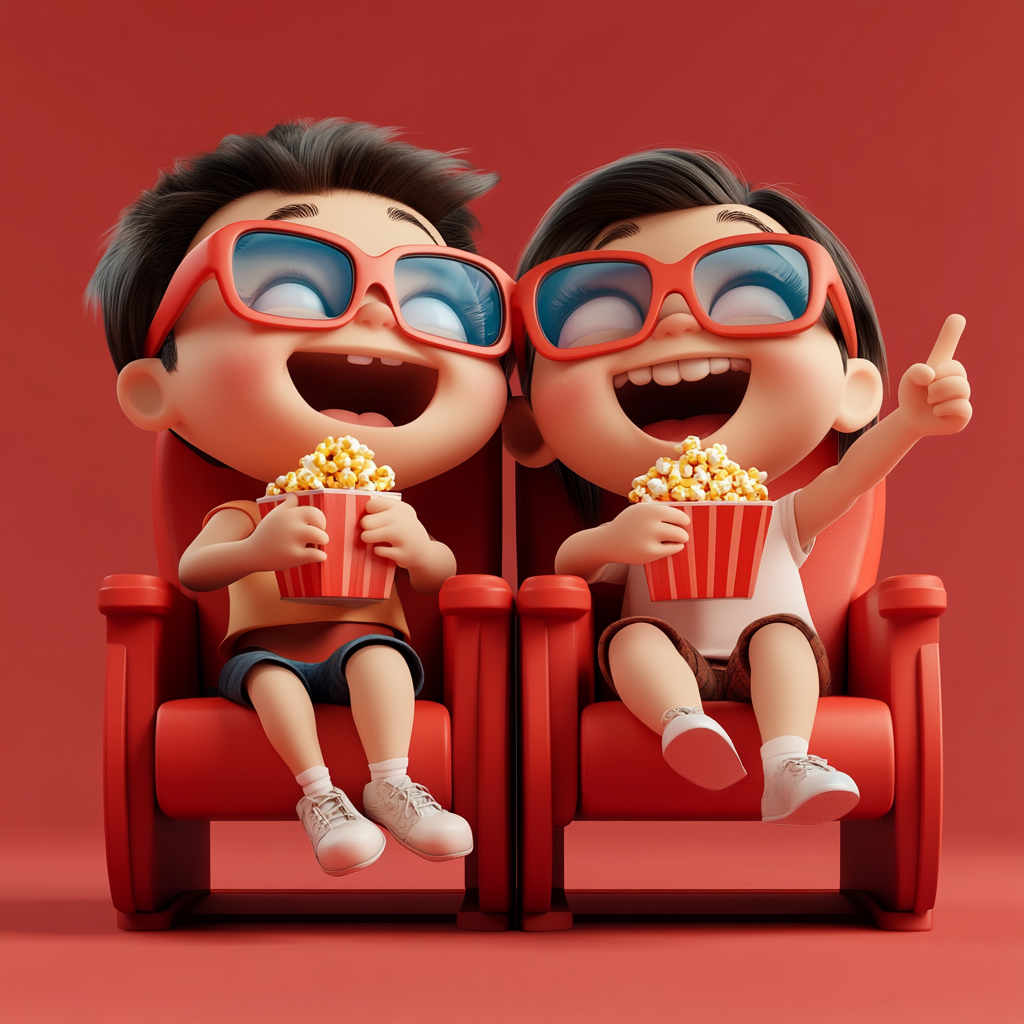 Two happy kids watching movie in 3D.