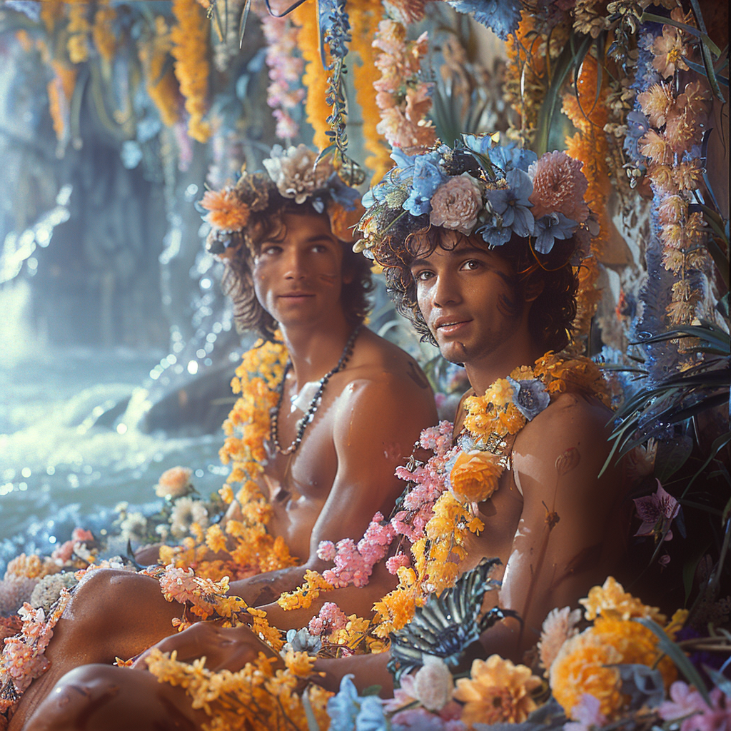 Two happy men in surreal, beautiful fantasy landscape.