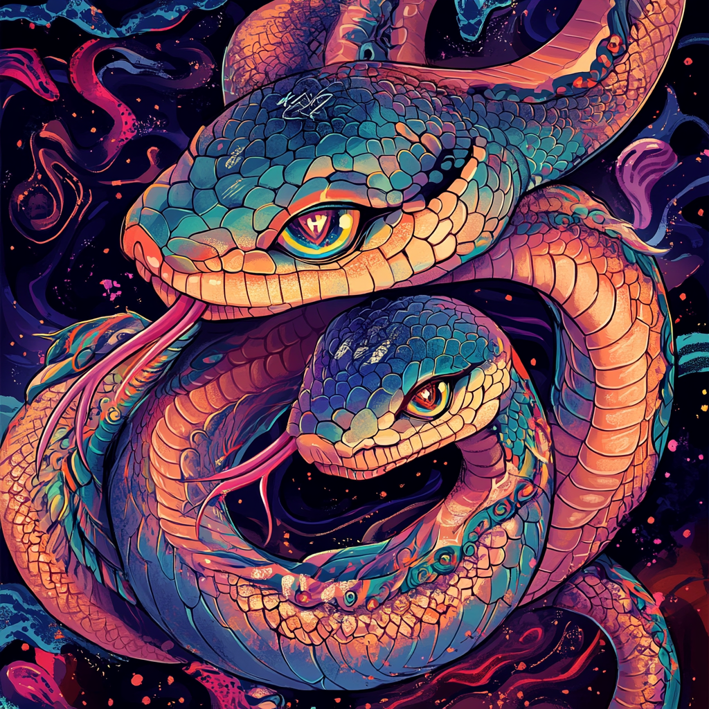 Two-headed snake with bright eyes in fantasy setting