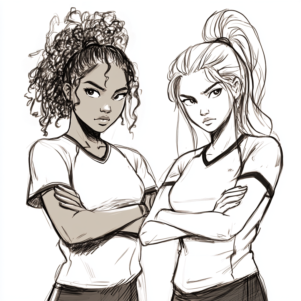 Two high school volleyball girls in sketch style drawing.