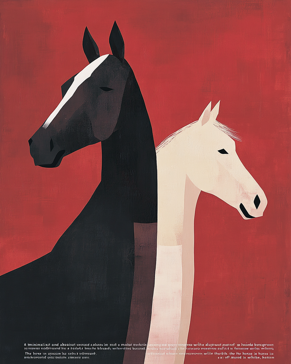 Two horses in black and cream on red background.