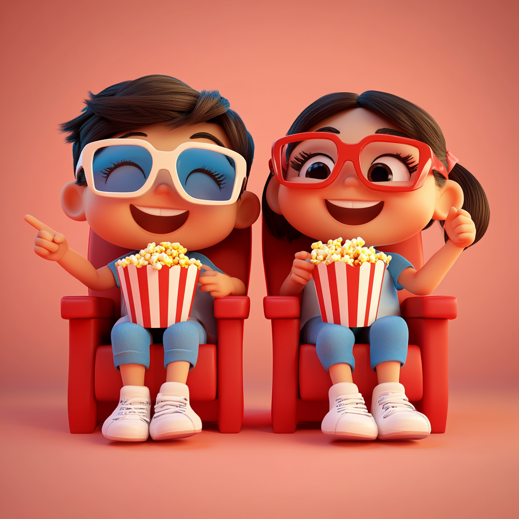 Two kids eating popcorn and watching a movie.