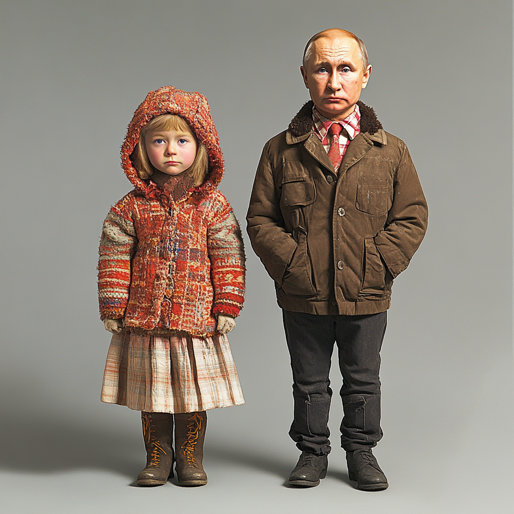 Two kids in Soviet clothing, one 6, one 9.