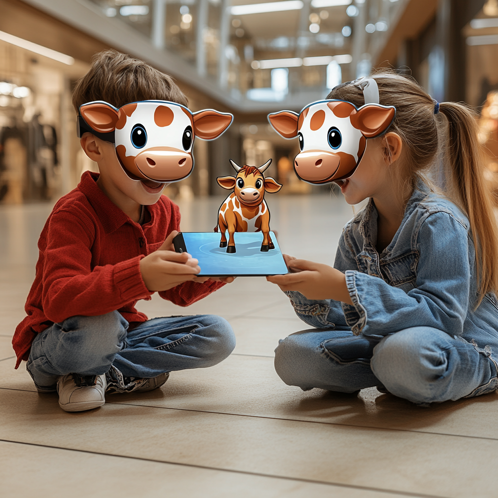 Two kids play AR/VR game with cartoon cow.