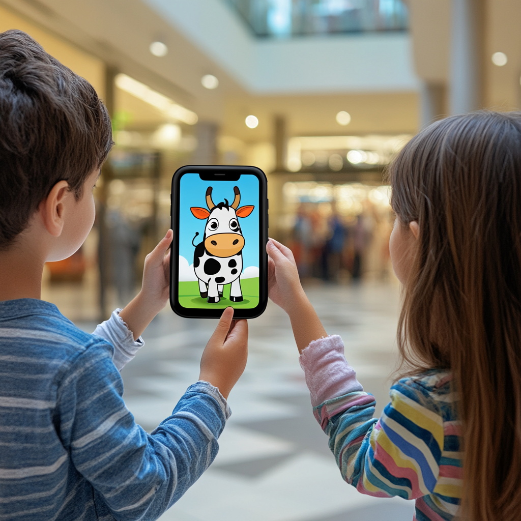 Two kids playing with AR/VR cow game.