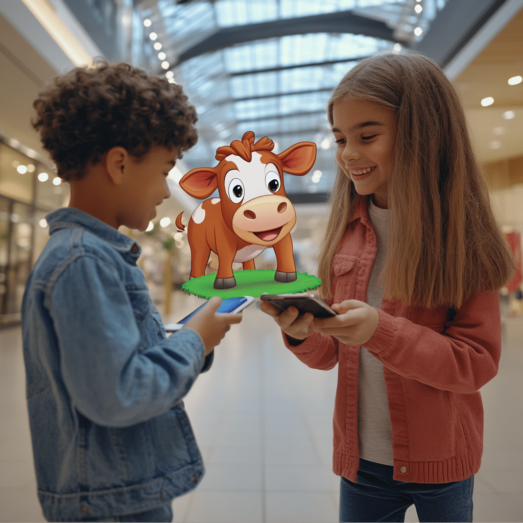 Two kids playing with phone at mall.