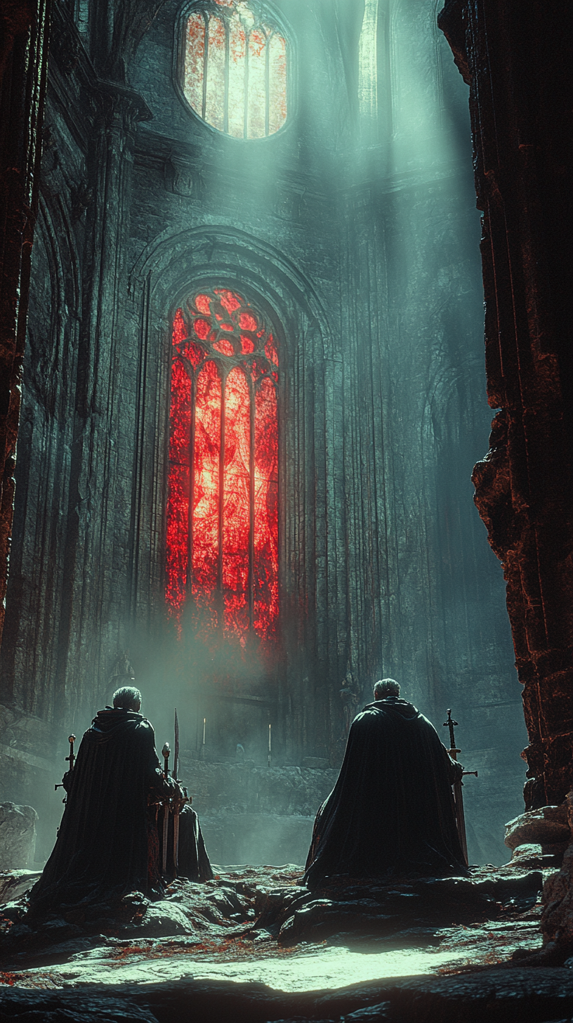 Two kings on thrones in a dark castle.