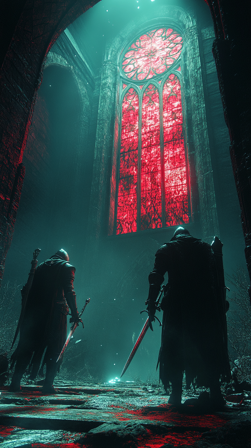 Two knights in dark castle with red window light.