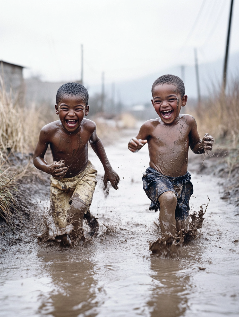 Two laughing brothers playing in muddy rainstorm