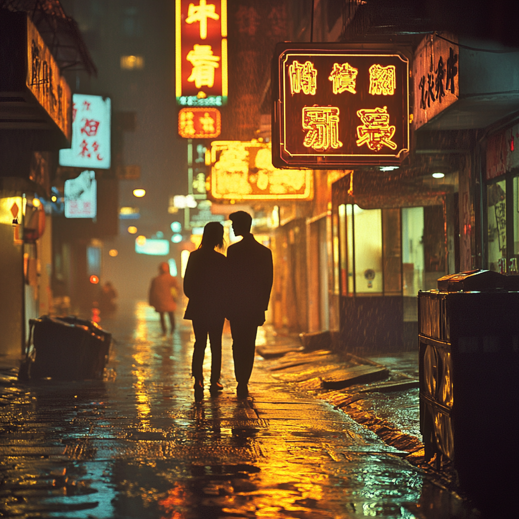 Two lovers stroll through rainy, neon-lit Hong Kong evening.