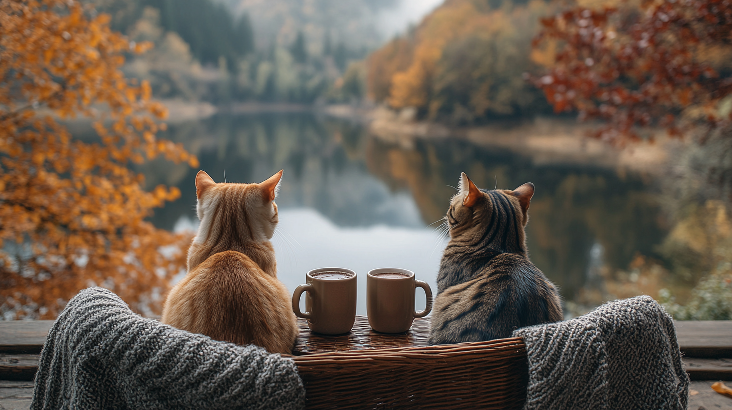 Two luxury cats enjoying autumn by the lake.