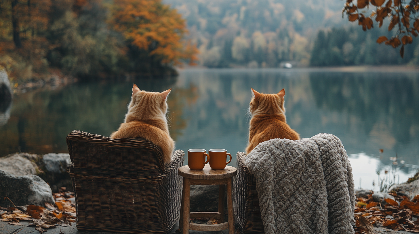 Two luxury cats on chairs, autumn lake view.