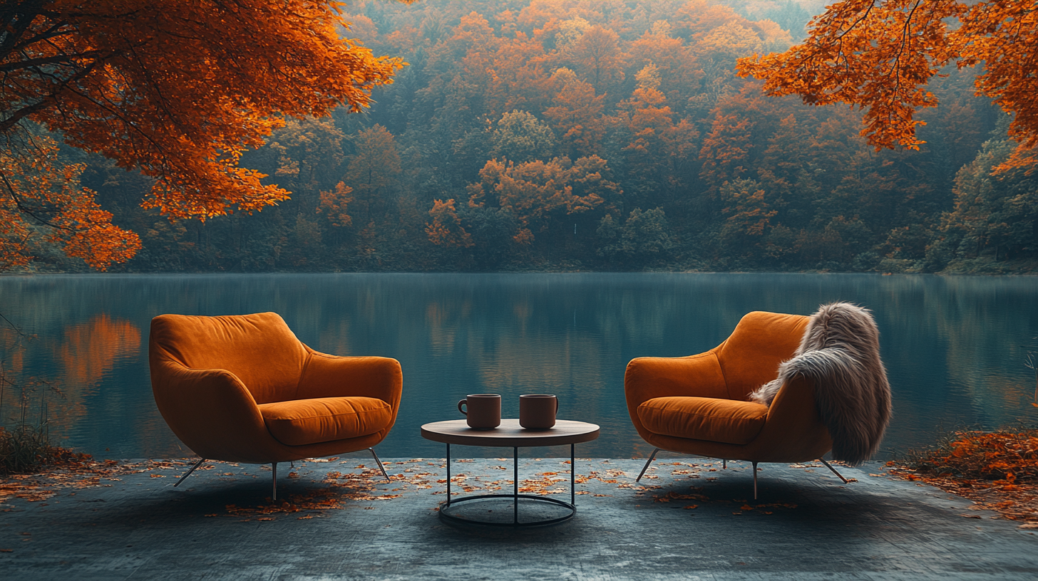 Two luxury chairs facing calm lake, autumn forest behind.