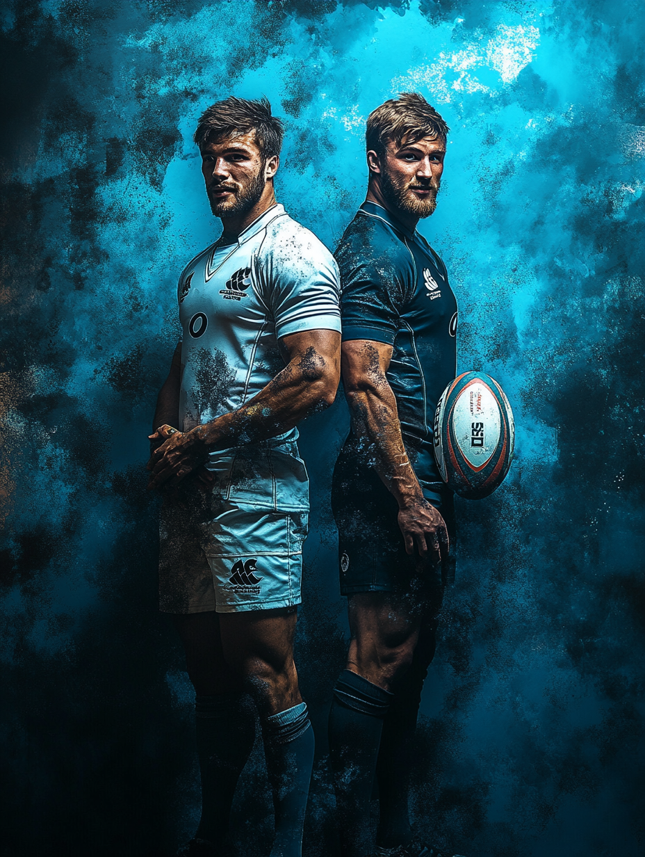 Two male rugby players in cyan and black jerseys