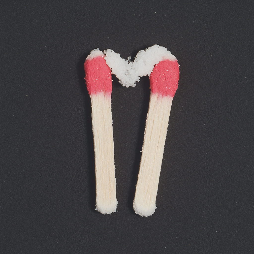 Two matchsticks making heart shape, flash photography, film.