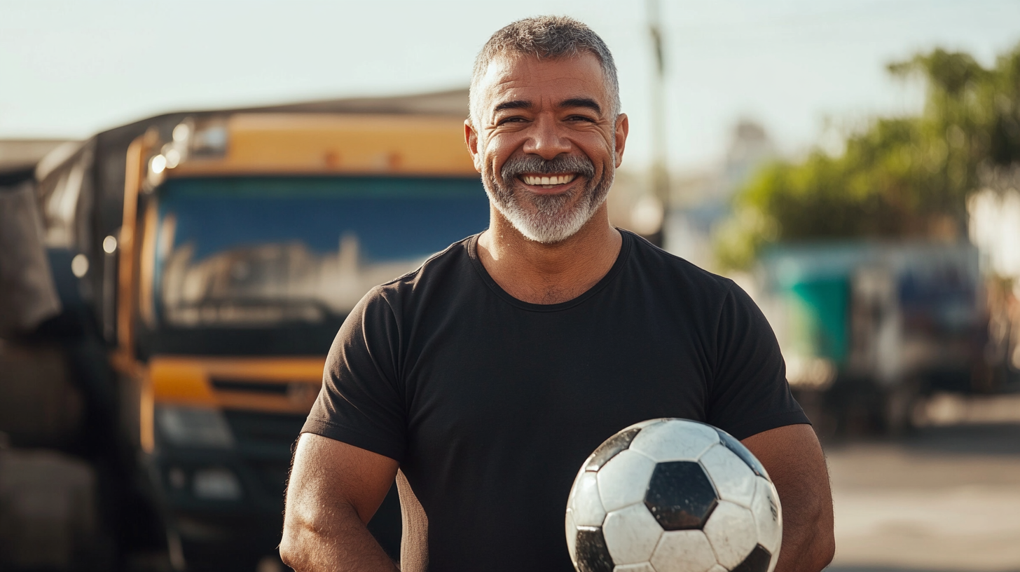 Two men, 50, standing smiling at camera, soccer.