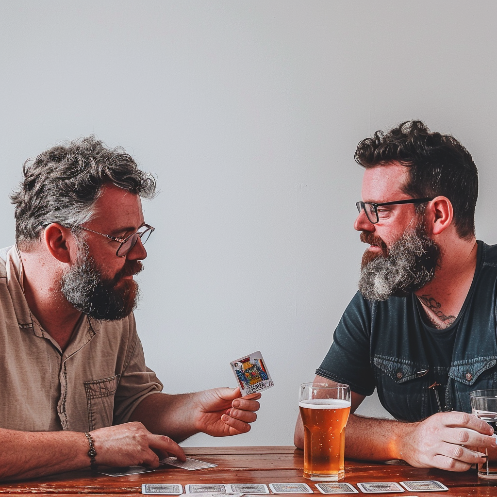 Two men at table playing card game.