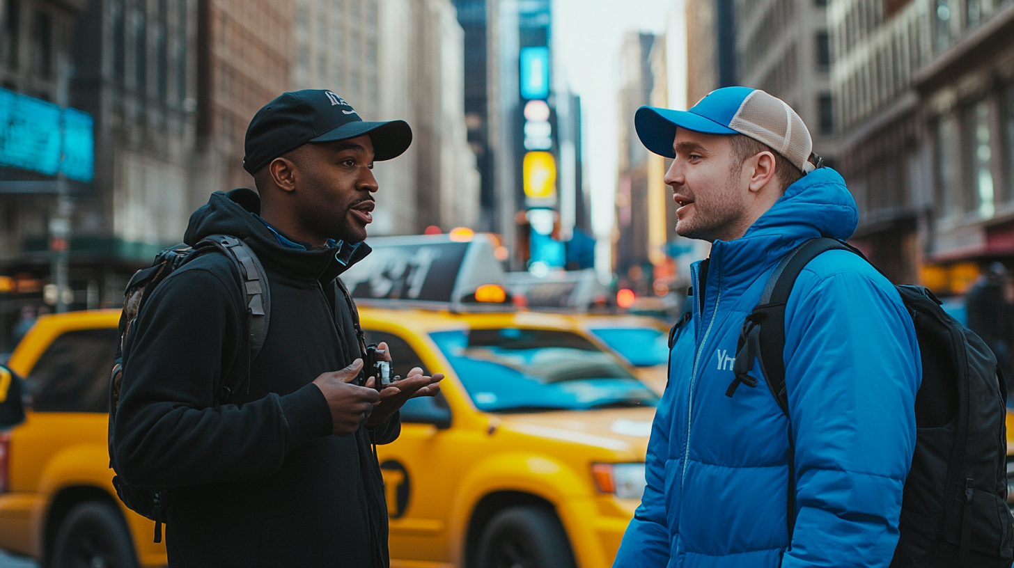 Two men in NYC: one in black, one blue.