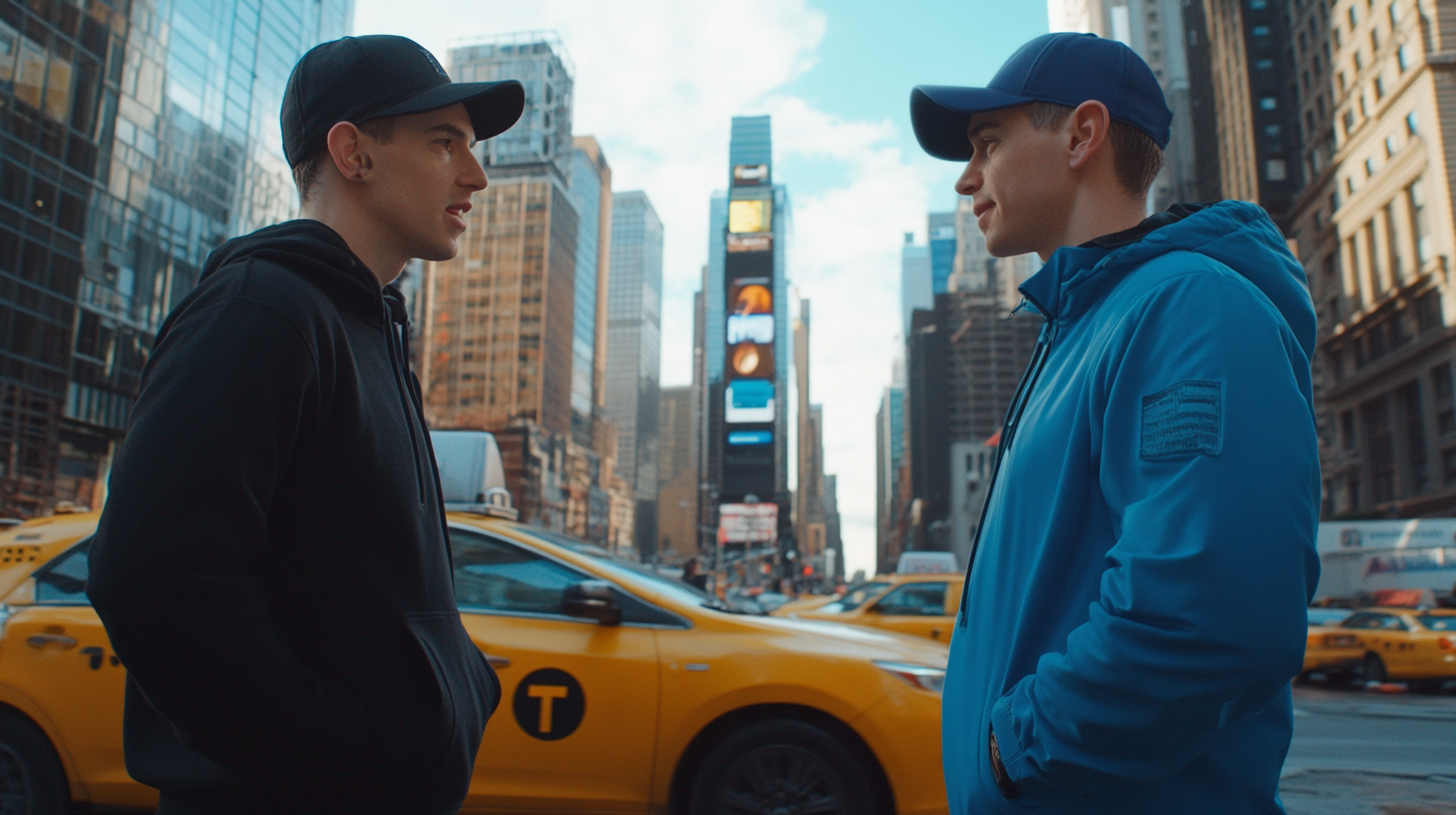 Two men in New York City with yellow cabs