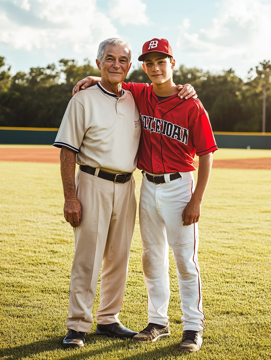 Two men in baseball uniforms on baseball field.