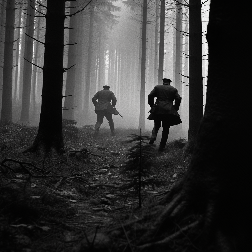 Two men in black mackintoshes run through dense forest.