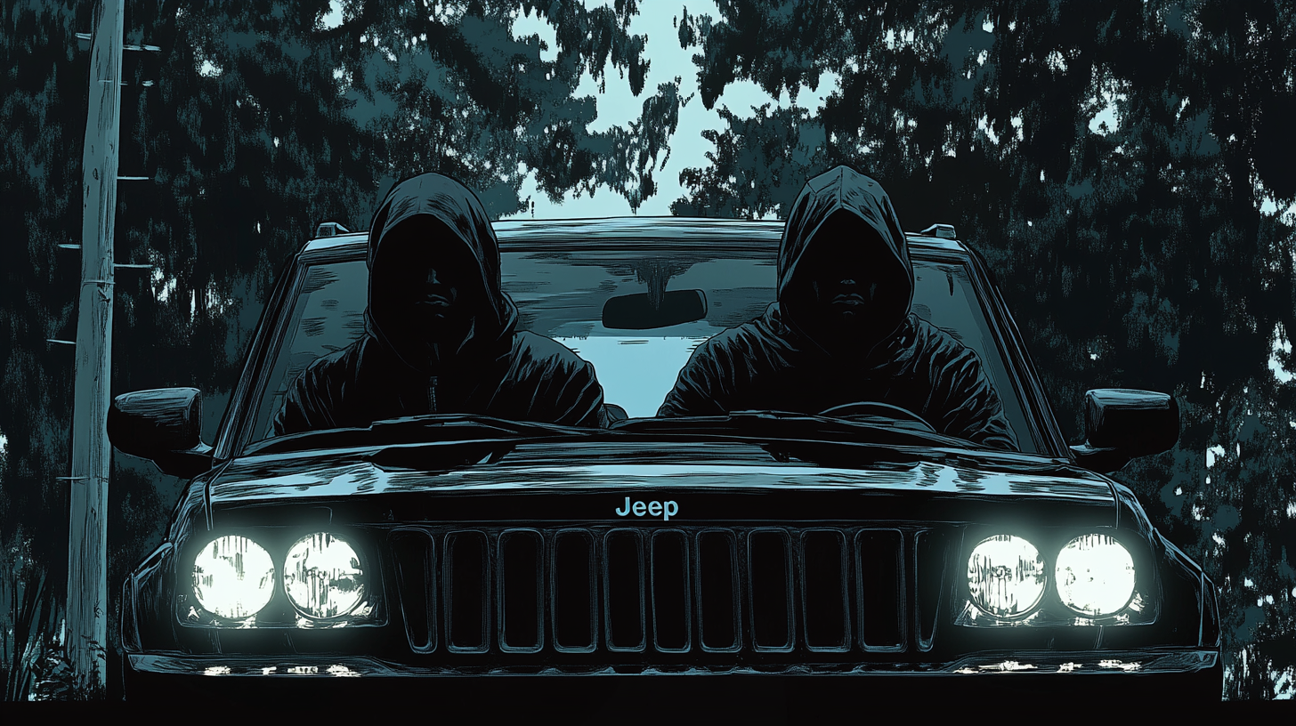 Two men in black ride in black Jeep.